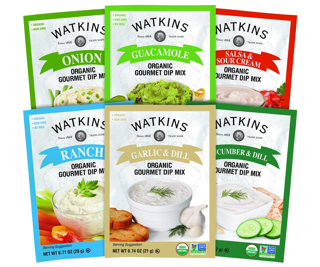 Watkins Organic Gourmet Dip Mix, Garlic & Dill, 0.74 oz. Packets, 12-Pack