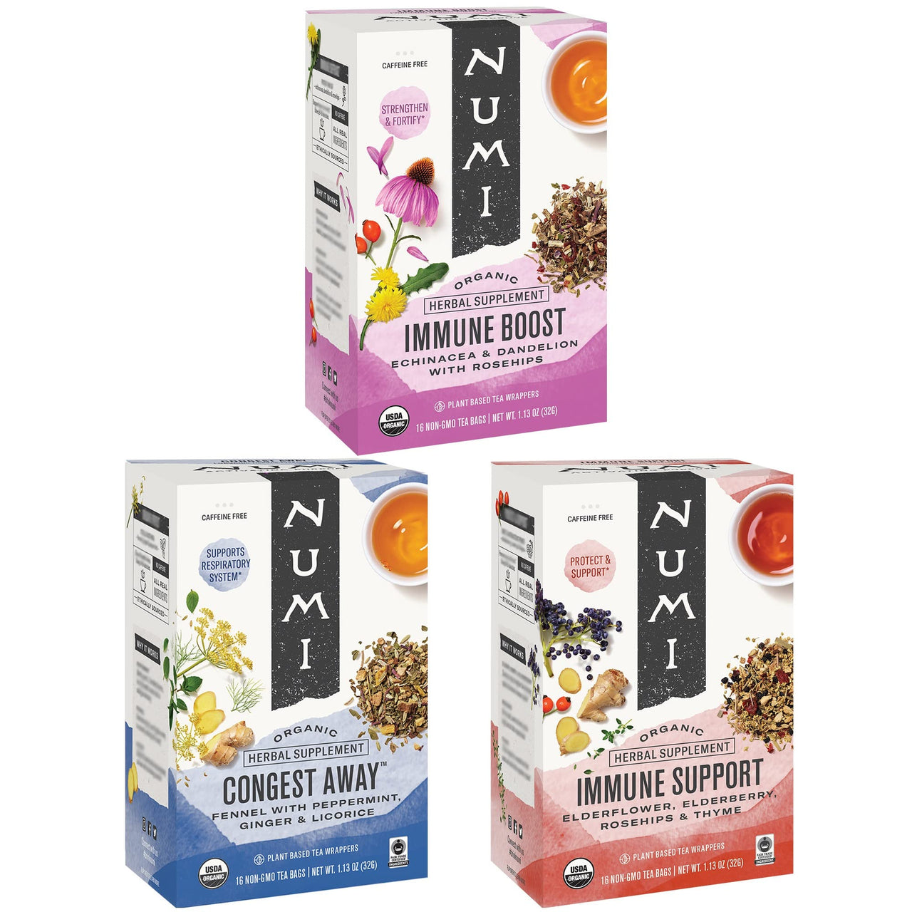 Numi Organic Tea Immunity Variety Pack, Elderberry and Echinacea Tea, 16 Count (Pack of 3)