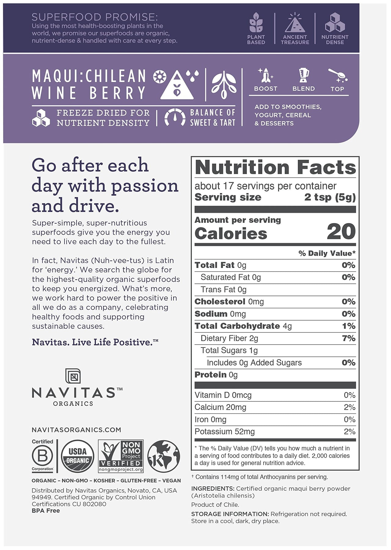 Navitas Organics Maqui Powder, 3 oz. Pouch, 17 Servings  Organic, Non-GMO, Freeze-Dried, Gluten-Free