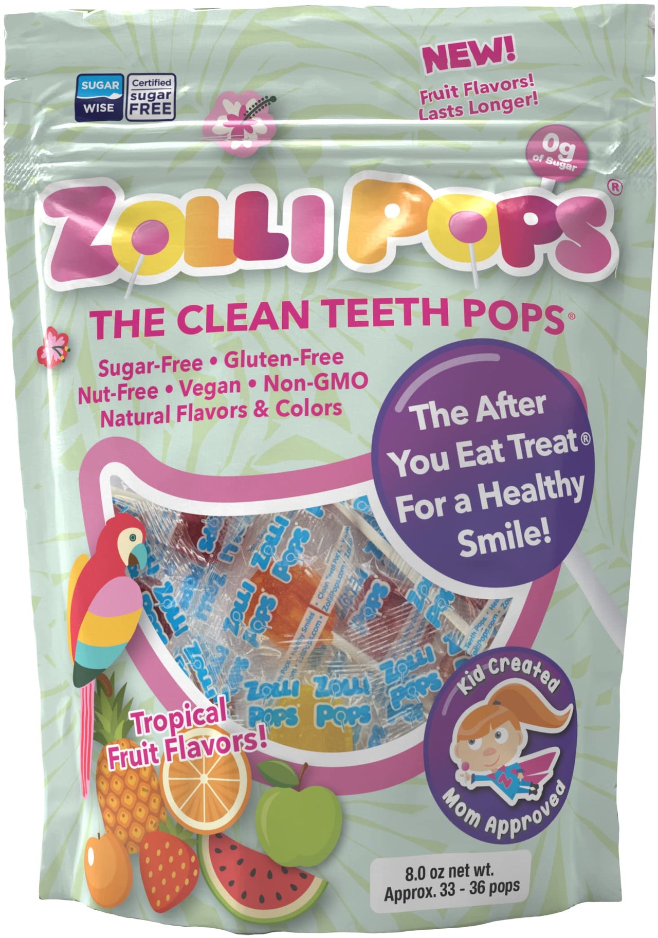 Zollipops The Clean Teeth Pops, Anti Cavity Lollipops, Delicious Flavors, Tropical, 8oz