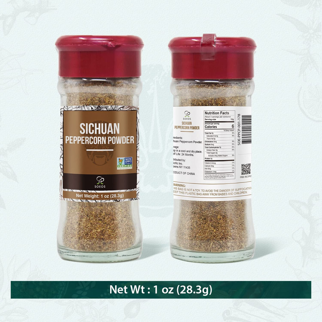 Soeos Sichuan Peppercorn Powder 1oz (28.3g), Non-GMO Verified, Szechuan Peppercorn Powder, Ground Sichuan Green Peppercorns, Green Sichuan Peppercorn Powder, Mapo Tofu Essential Ingredient.