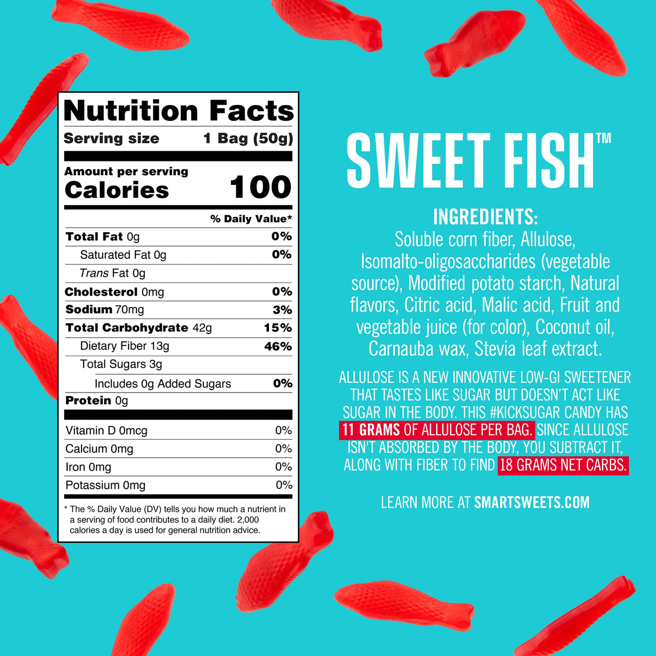 SmartSweets Sweet Fish, Candy with Low Sugar (3g), Low Calorie(100), Plant-Based, Free From Sugar Alcohols, No Artificial Colors or Sweeteners, 1.8oz. (Pack of 6)