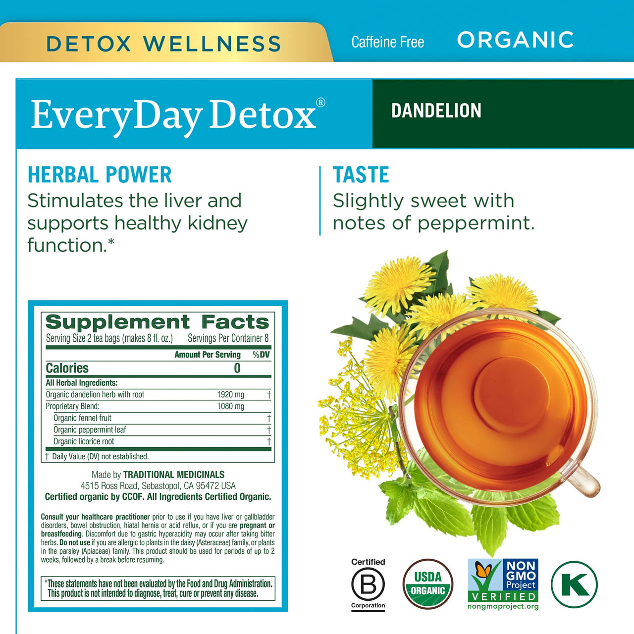 Traditional Medicinals Organic Dandelion & Detox Tea Variety Pack  Includes EveryDay Detox Dandelion, Dandelion Chai Probiotic, Roasted Dandelion Root, Dandelion Leaf & Root Teas  Supports Liver, Kidney, and Digestive Health - (4-Pack) - 64 Tea Bags Total