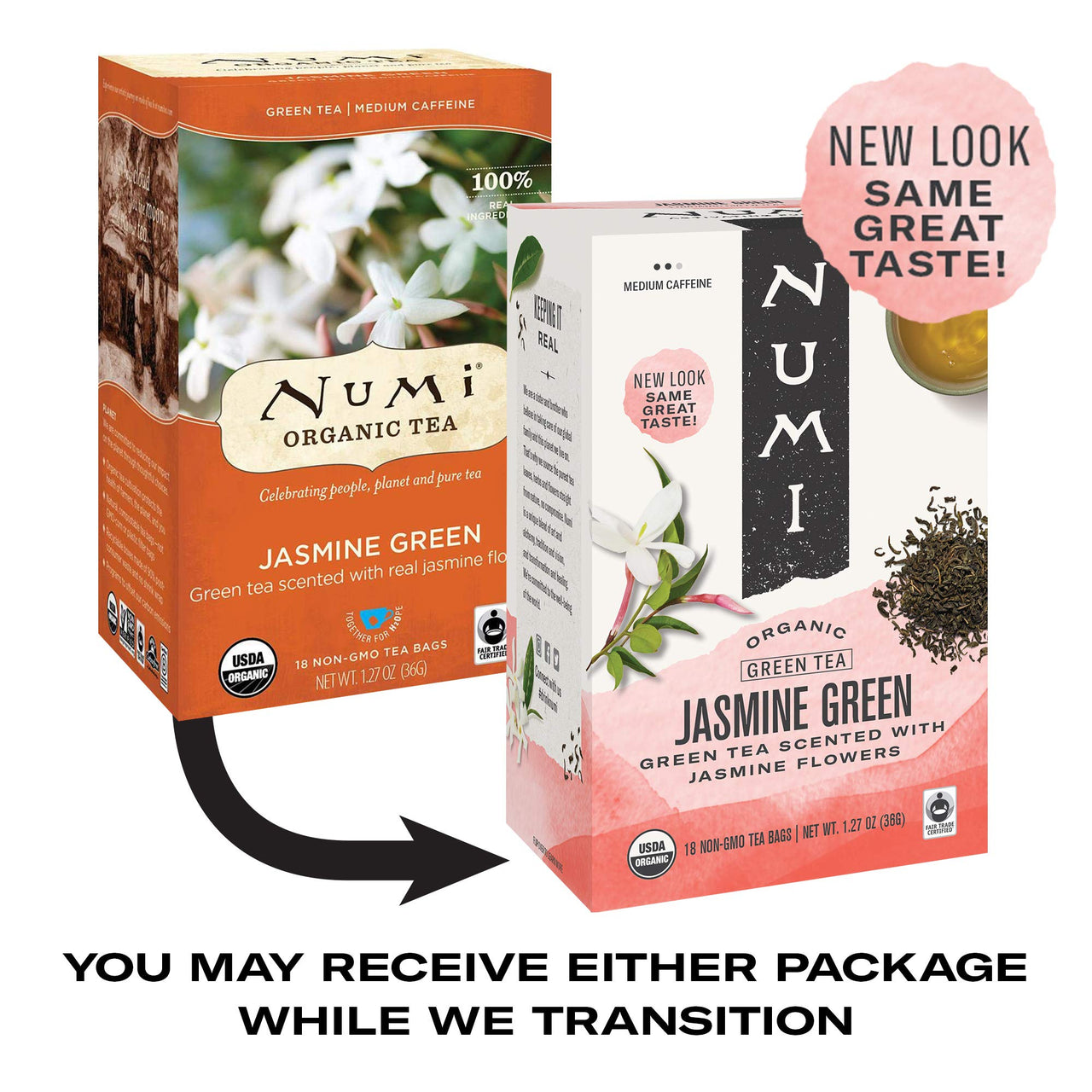 Numi Organic Tea Jasmine Green, 18 Count Box of Tea Bags (Pack of 3) (Packaging May Vary)