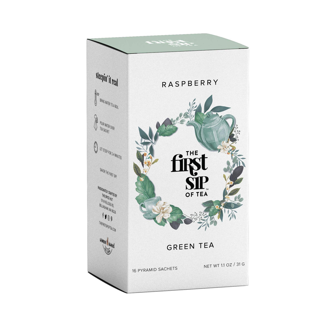 Raspberry Green Tea, Pyramid Sachet Tea Bags, Blackberry & Raspberry Fruit, Caffeine, Hot & Iced Tea with Antioxidants - 16 Cups | The Spice Hut, First Sip of Tea