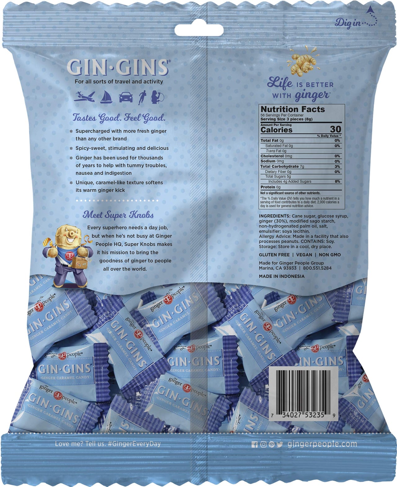 GIN GINS Super Strength Chewy Ginger Candy by The Ginger People - Anti-Nausea and Digestion Aid, Individually Wrapped Healthy Candy - Super Strength Ginger Flavor, Large 1 lb Bag (16 oz) - Pack of 1