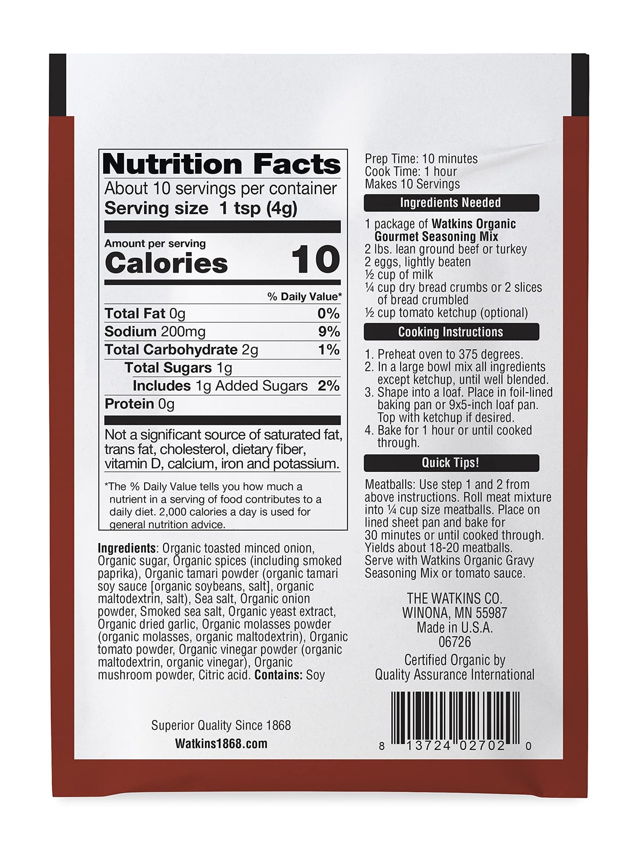 Watkins Organic Gourmet Seasoning Mix, Meatloaf, 1.5 Oz. Pouch, 1 Count