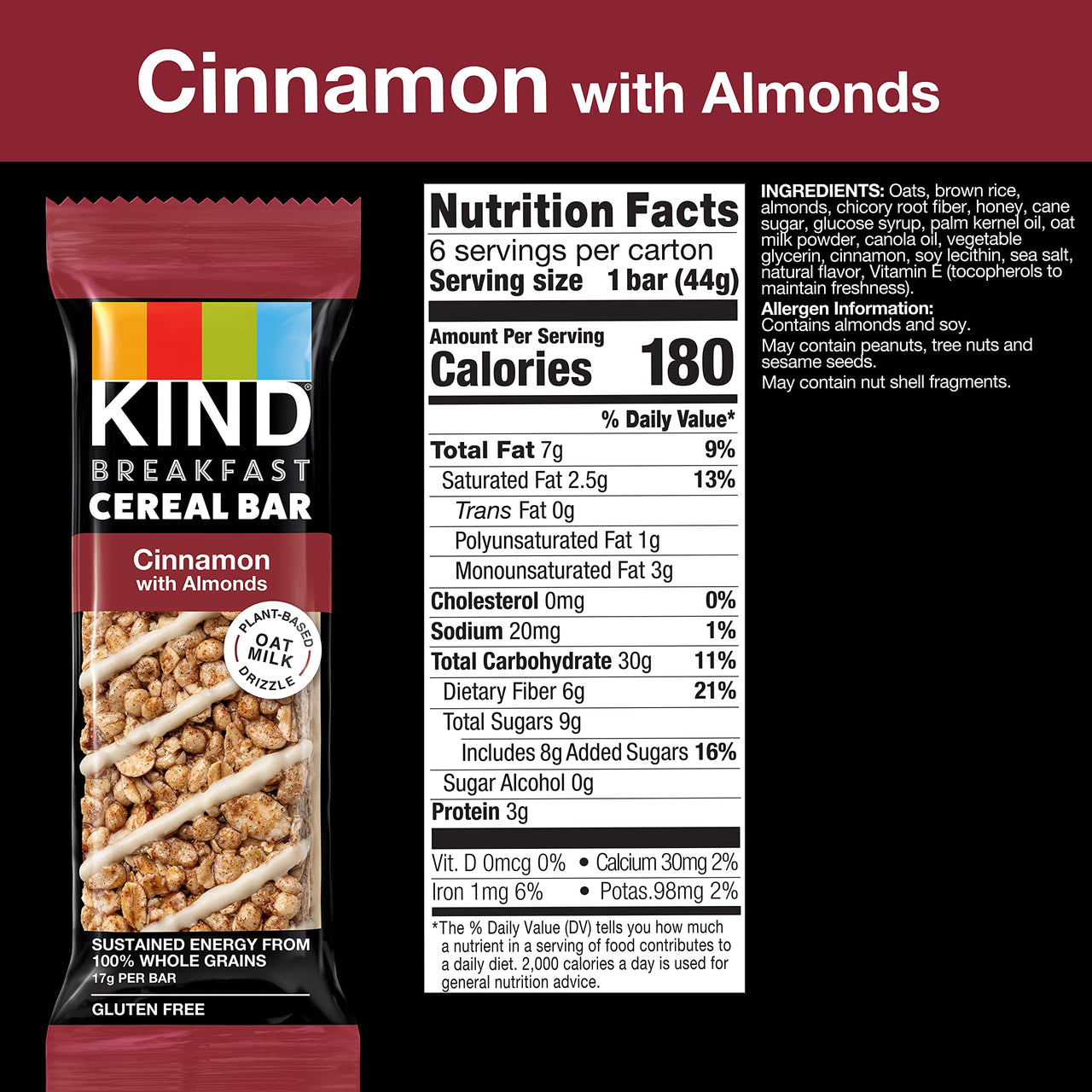 KIND Breakfast Cereal Bars, Gluten Free Snacks, Cinnamon with Almonds, 9.3oz Box (6 Bars)