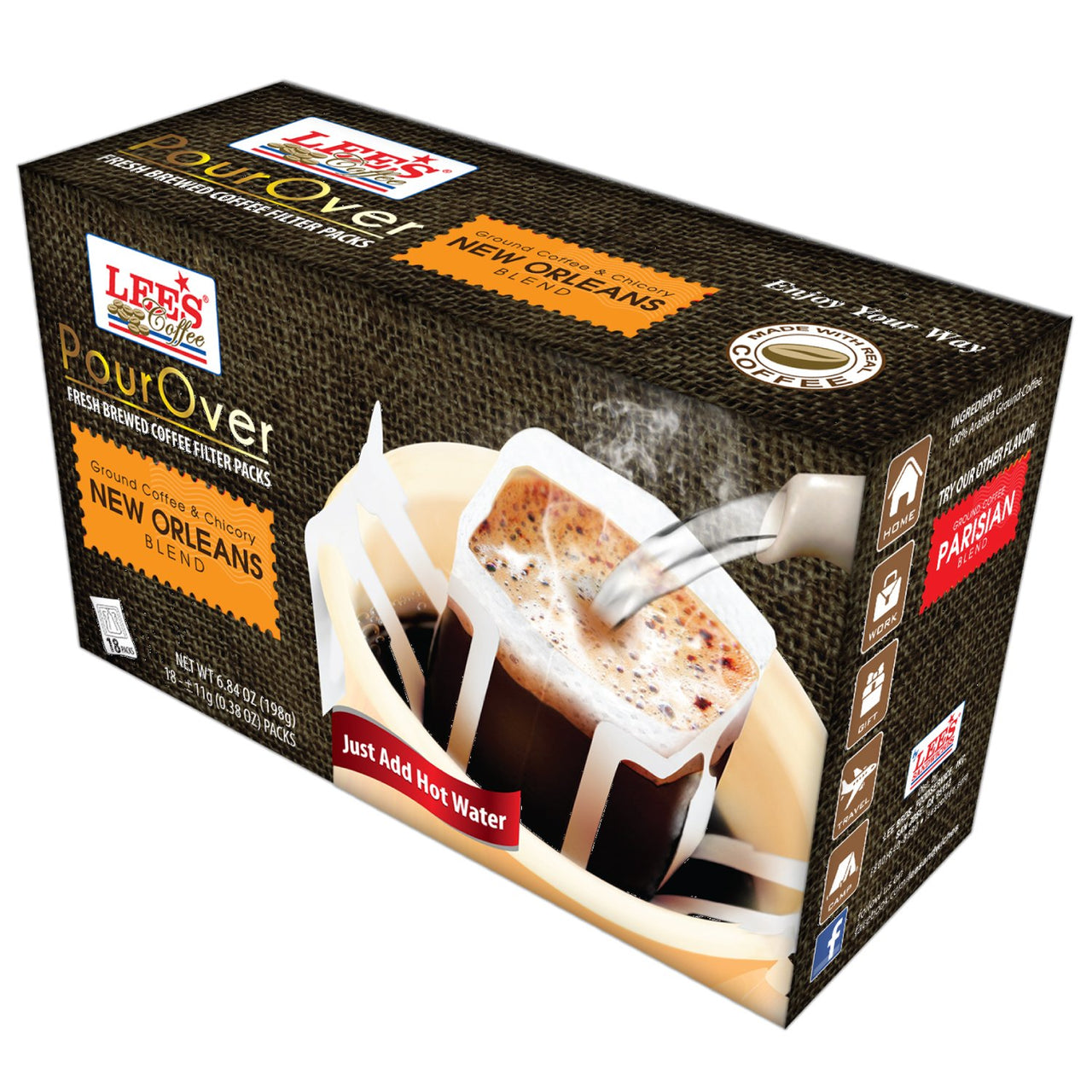 Lee's  Coffee Pourover Fresh Ground Filter Packs, New Orleans Blend , 18 Count -Packaging may vary