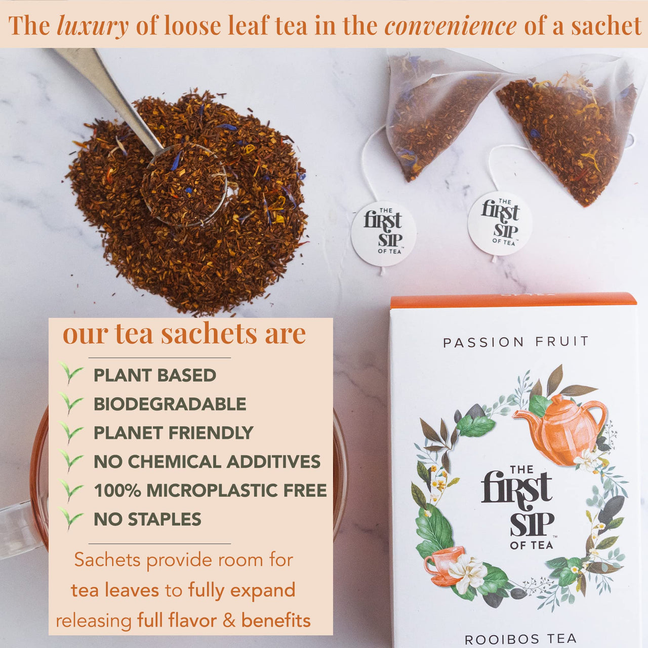 Rooibos Passion Fruit & Mango, Tea Bags, Healthy Juice Alternative, Caffeine-Free, Hot & Iced - 16 Cups. The Spice Hut, First Sip Of Tea