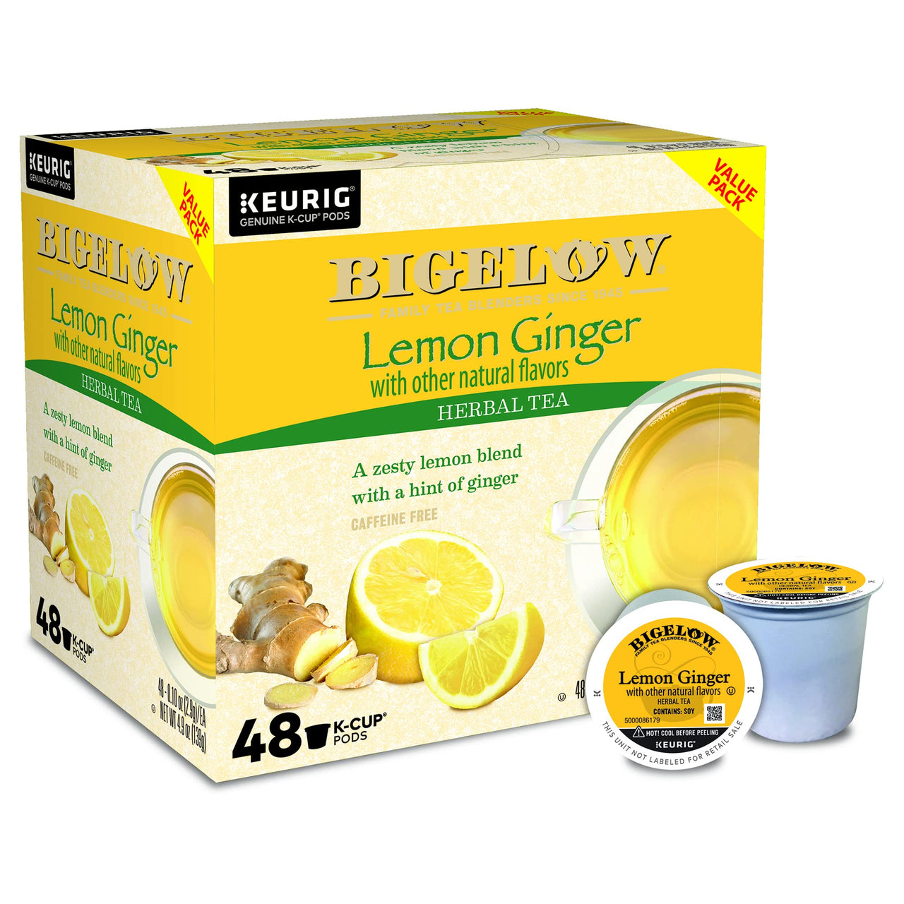 Bigelow Lemon Ginger Keurig K-Cup Pods Herbal Tea, Caffeine Free, 48 Count (Pack Of 1)