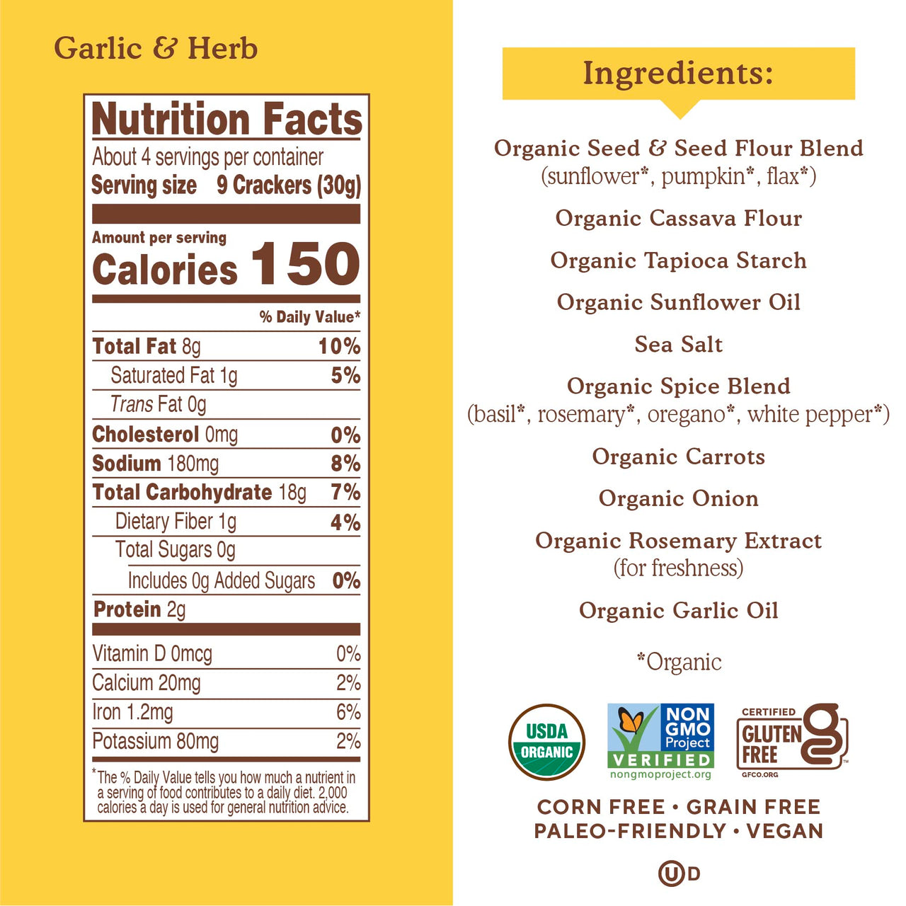 Simple Mills Organic Seed Crackers, Garlic & Herb - Gluten Free, Vegan, Healthy Snacks, Paleo Friendly, 4.25 Ounce (Pack of 1)