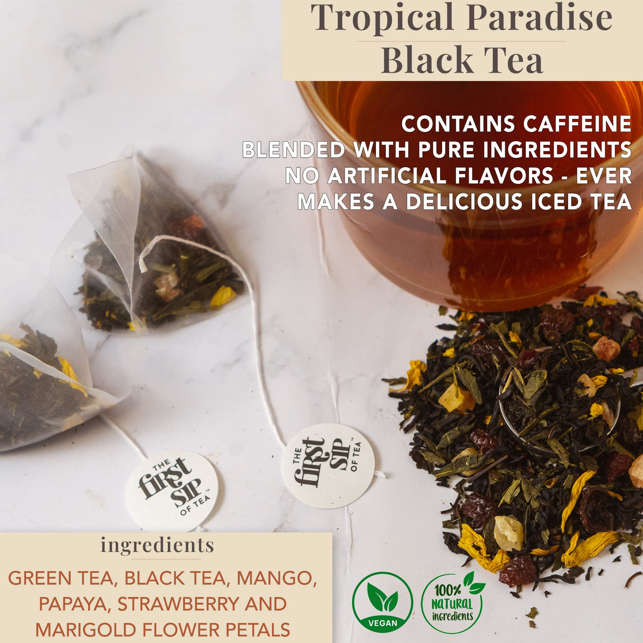 Tropical Paradise, Mango, Strawberry, Papaya, Black & Green Tea, Pyramid Sachet Tea Bags, Caffeinated, Hot & Iced Tea - 16 Cups | The Spice Hut, First Sip Of Tea