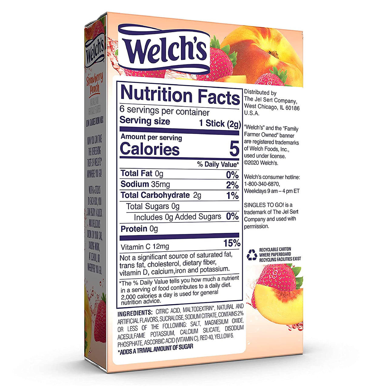 Welch's  Singles To Go Water Drink Mix - Powder Sticks, Strawberry Peach, 0.48 Ounce (Pack of 12)