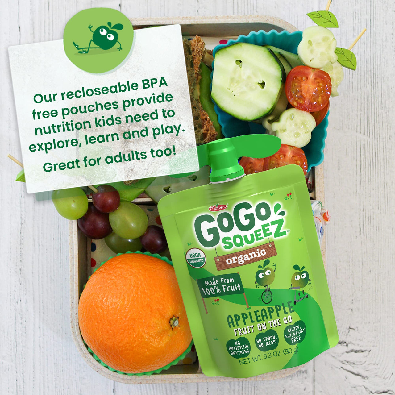 GoGo squeeZ Fruit on the Go, Apple Apple, 3.2 oz. (4 Pouches) - Tasty Kids Applesauce Snacks Made from Apples - Gluten Free Snacks for Kids - Nut & Dairy Free - Vegan Snacks