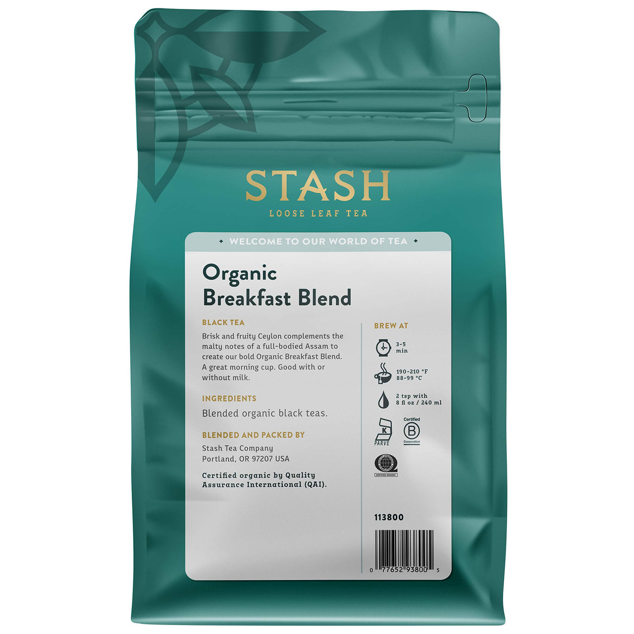 Stash Tea Organic Breakfast Blend Black Tea - Caffeinated, Non-GMO Project Verified Premium Tea with No Artificial Ingredients, Loose Leaf, 3.5 Oz Bag
