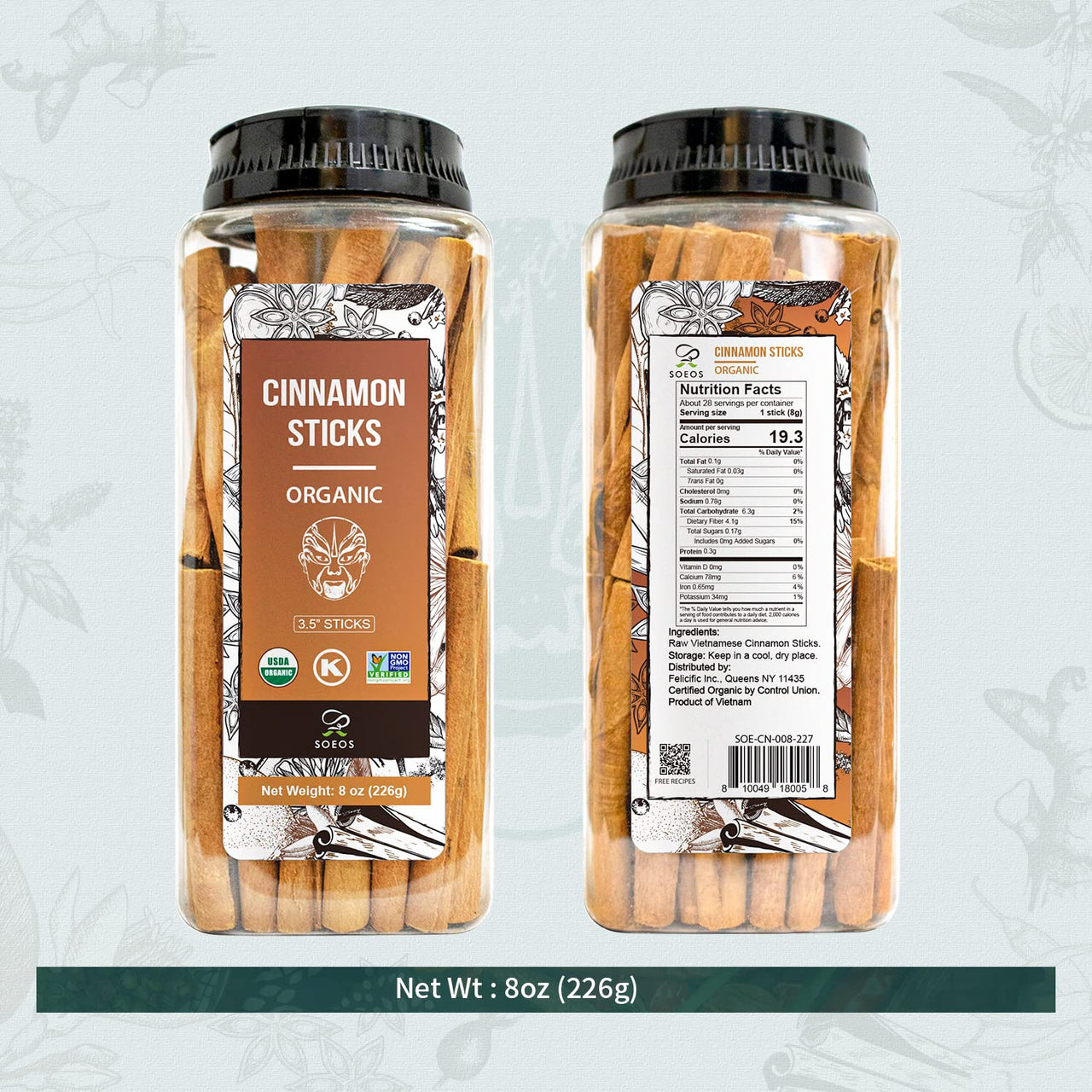 Soeos Organic Cinnamon Sticks, Cinnamon, Ground Cinnamon, Cinnamon Sticks, 100% Raw, Non-GMO, Kosher Certified, Cinnamon Seasoning Spice for Coffee, Baking, Cooking and Beverages 8 oz (226g)