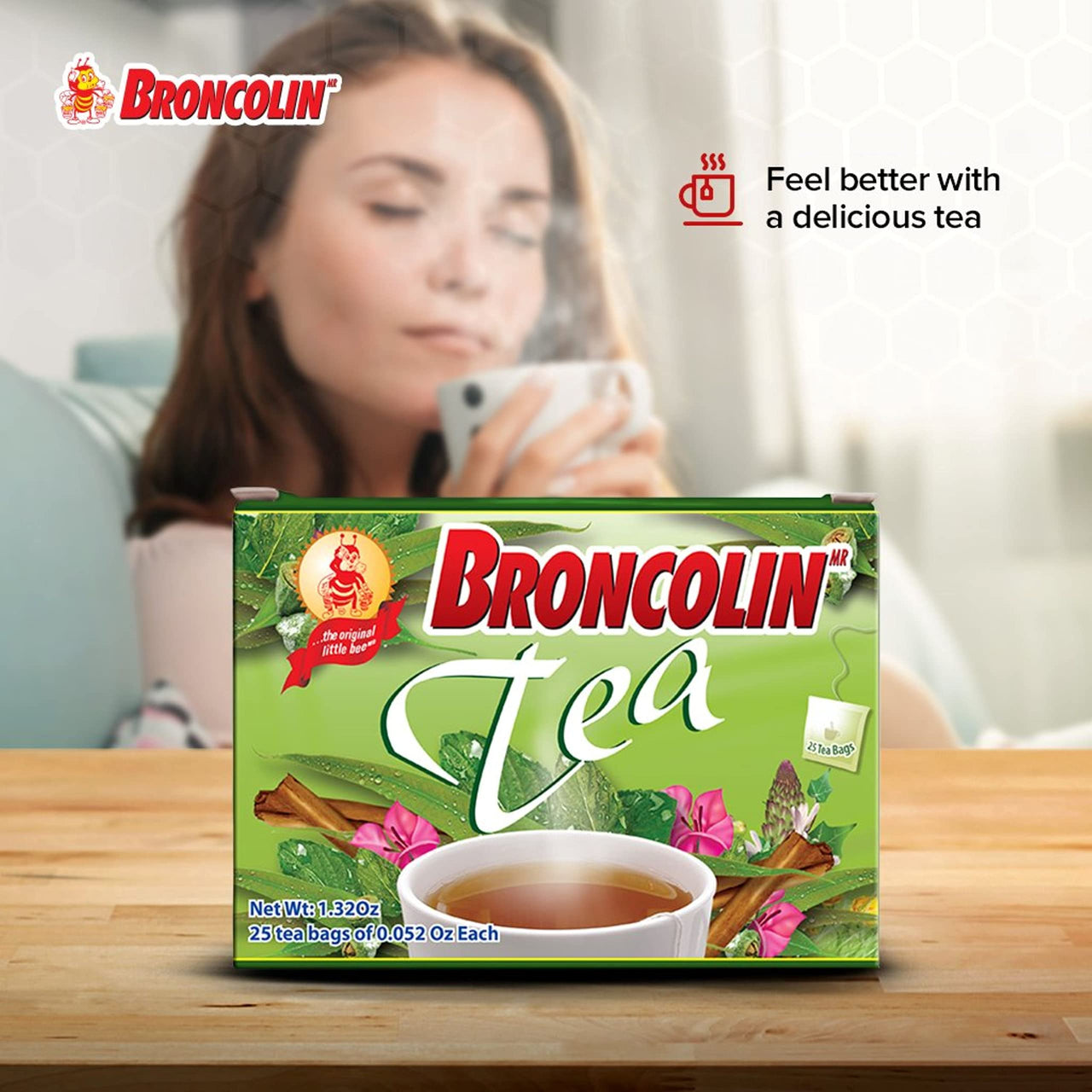 Broncolin Tea, Natural Remedy, Herbal Tea made with Plant Extracts, Helps Soothe an Irritated Throat, 2-Pack of 25 Tea Bags, 2 Boxes