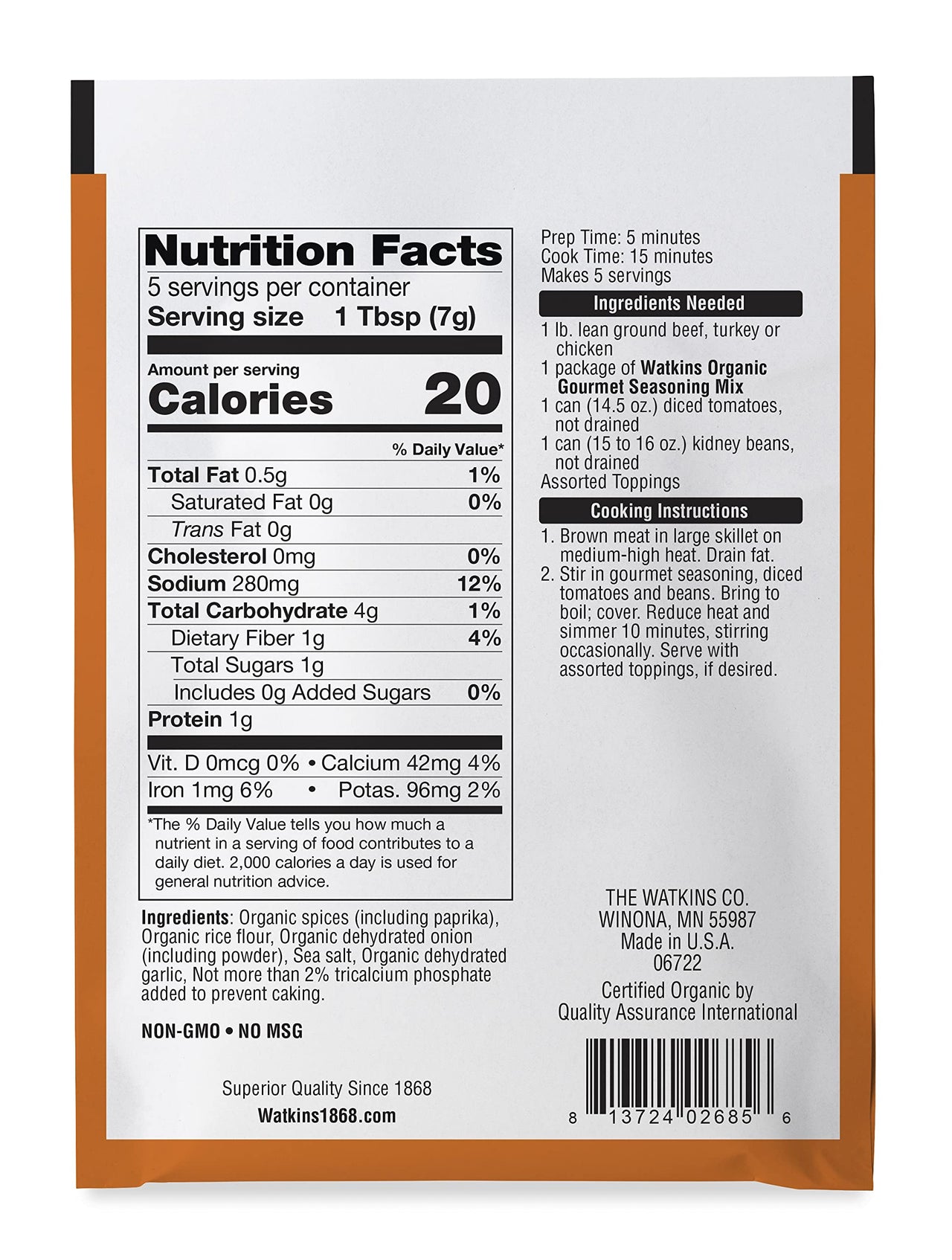 Watkins Organic Gourmet Seasoning Mix, Mild Chili, 1.25 Oz. Pouch, 1 Count