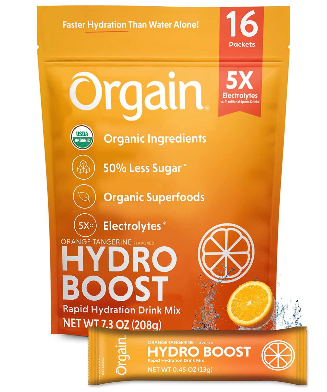 Organic Rapid Hydration Packets by Orgain, Orange Tangerine Hydro Boost - With Electrolytes & Superfoods, Less Sugar, Gluten Free, Vegan, No Soy Ingredients or Artificial Flavors, Non-GMO (Pack of 16)