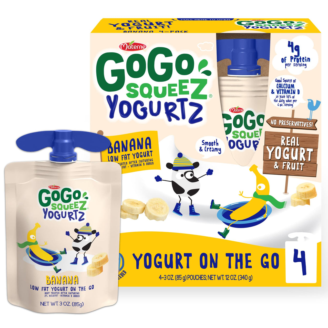 GoGo squeeZ yogurtZ Banana, 3 oz. (4 Pouches) - Kids Snacks Made from Real Yogurt & Fruit - Pantry Friendly Snack, No Fridge Needed - No Preservatives - Kosher Certified - Gluten Free Snacks for Kids