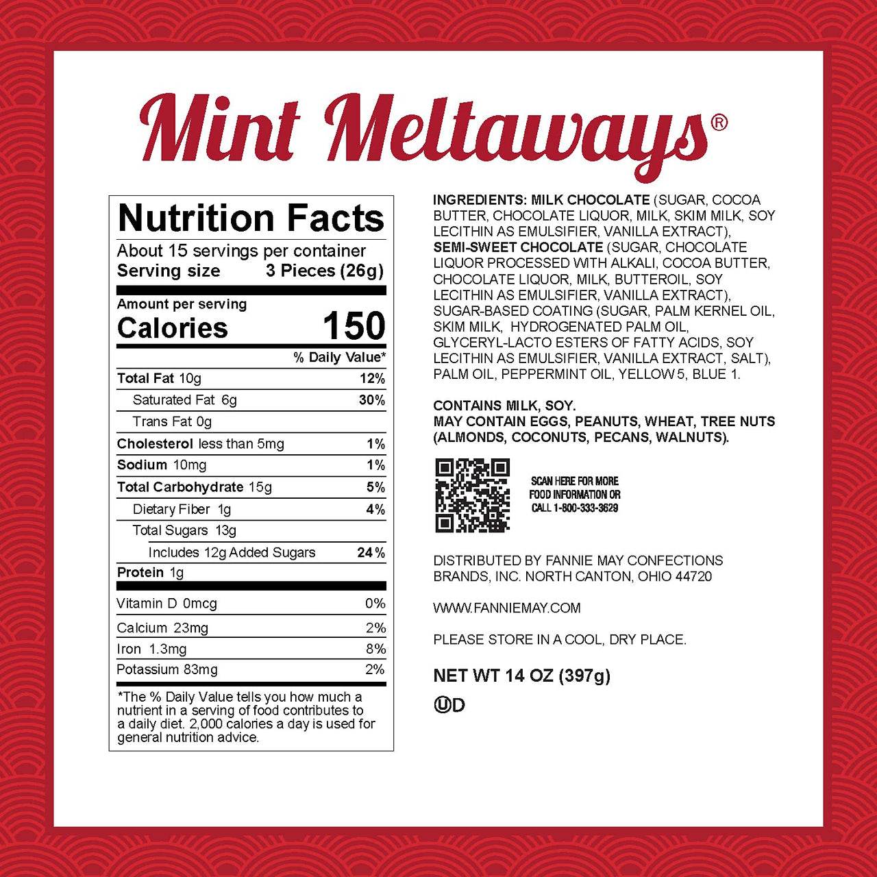 Fannie May, Milk Chocolate Candy, Mint Meltaways, 14 oz Gift Box