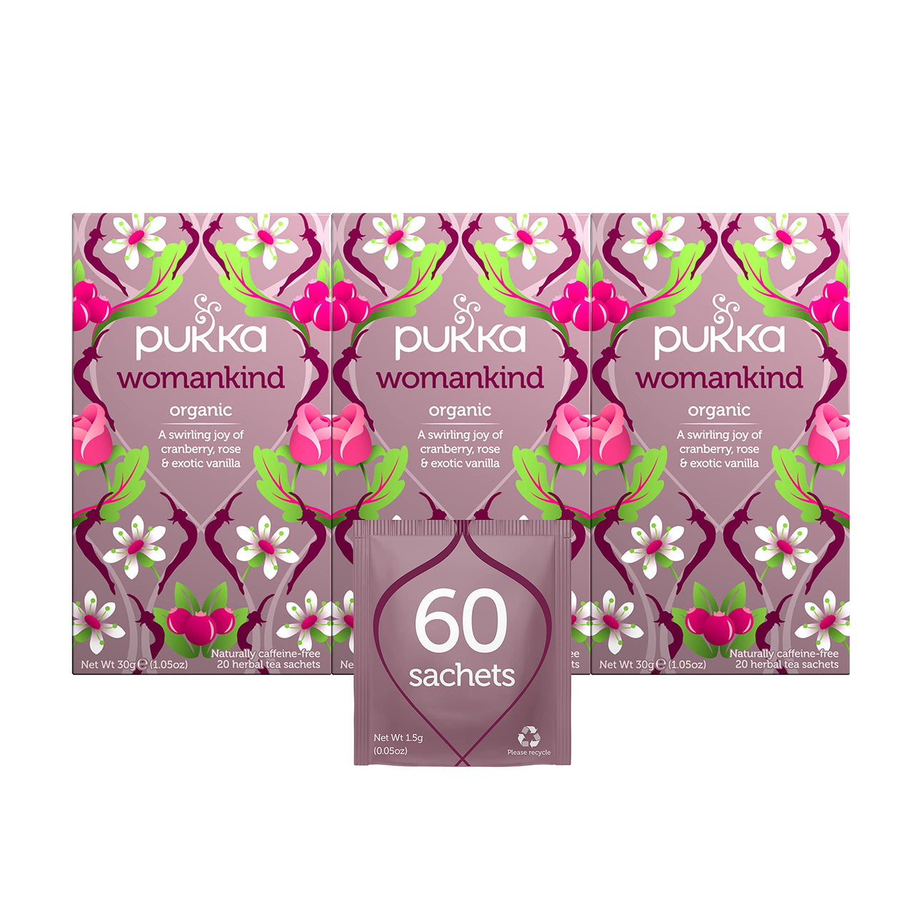 Pukka Organic Tea Bags, Womankind Herbal Tea with Shatavari, Cranberry & Rose Flower, Perfect for Balanced Harmony, 20 Count (Pack of 3) 60 Tea Bags, PP-GRCE31048