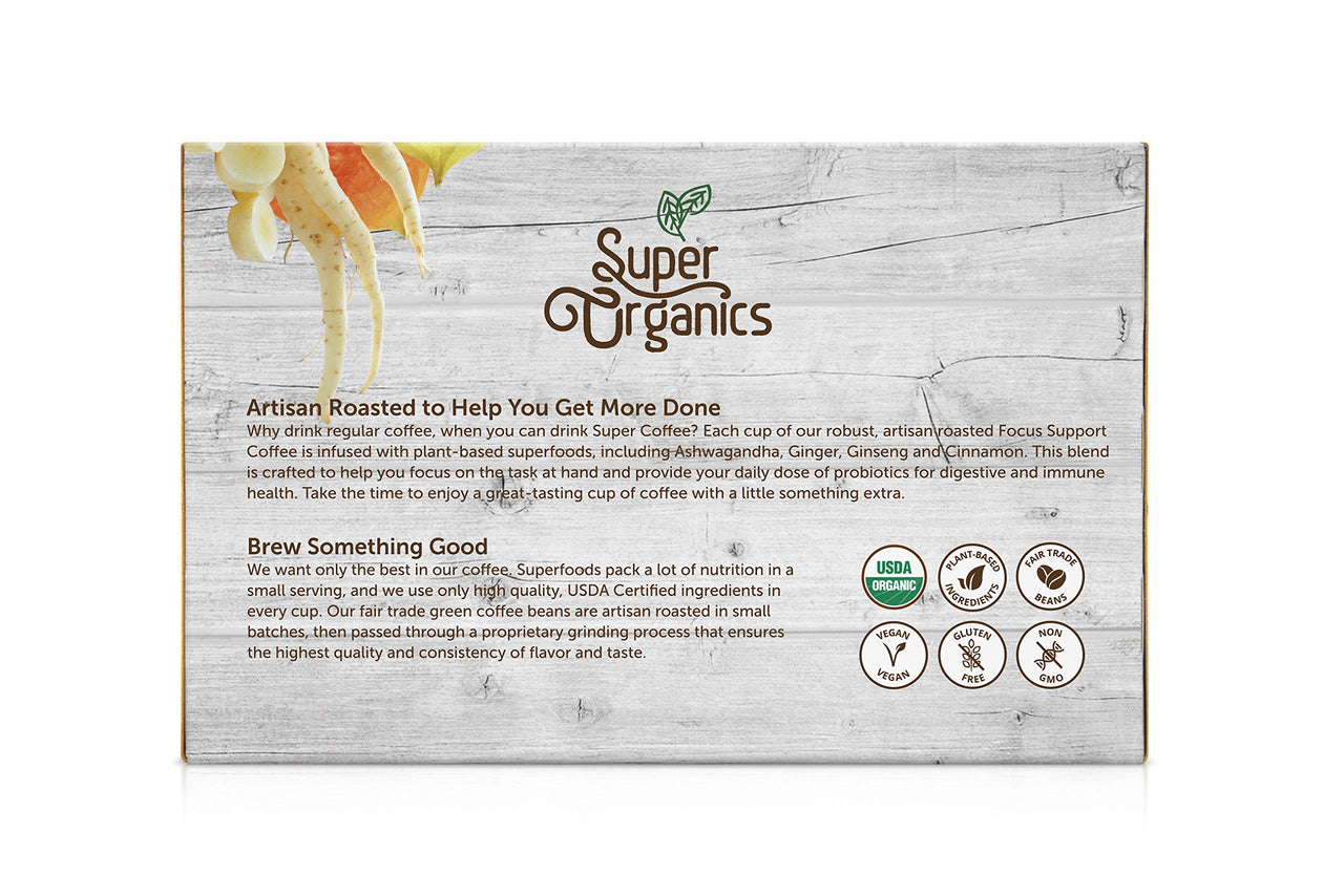 Super Organics Focus Support Coffee Brew Cups With Superfoods & Probiotics, Keurig K-Cup Compatible, Adaptogens, Medium Roast, USDA Certified, Vegan, Non-GMO, 12 Count