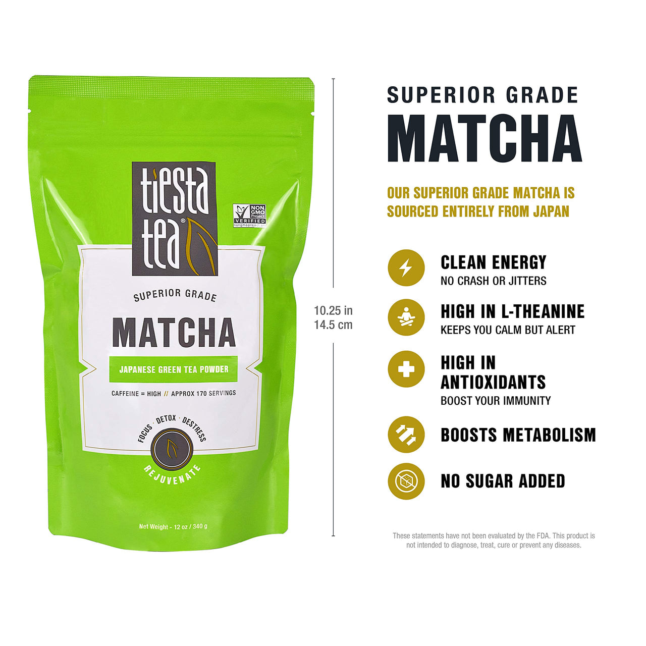 Tiesta Tea - Superior Matcha, Matcha Powder Green Tea, High Caffeine, Hot & Iced Tea, 12 oz Bulk Bag - 170 Cups, Superior Grade Japanese Matcha Powder for Matcha Latte, Weight Loss & Detox Support