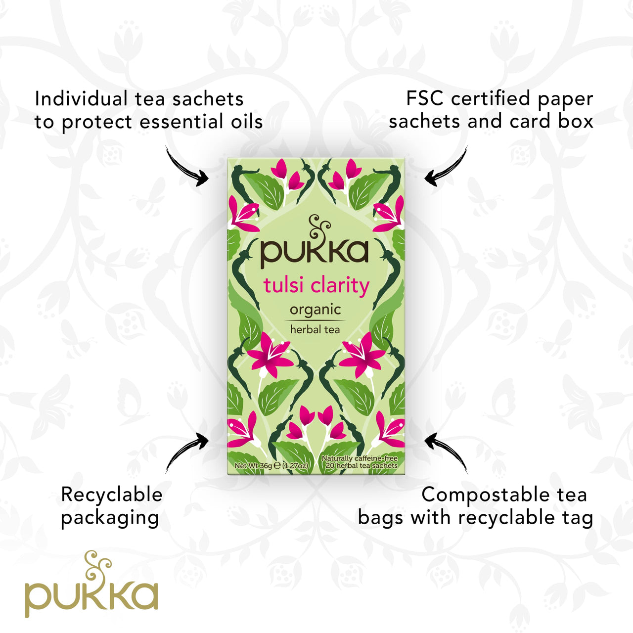 Pukka Organic Tea Bags, Tulsi Clarity, Herbal Holy Basil Tea (3 Pack, 60 Tea Bags)
