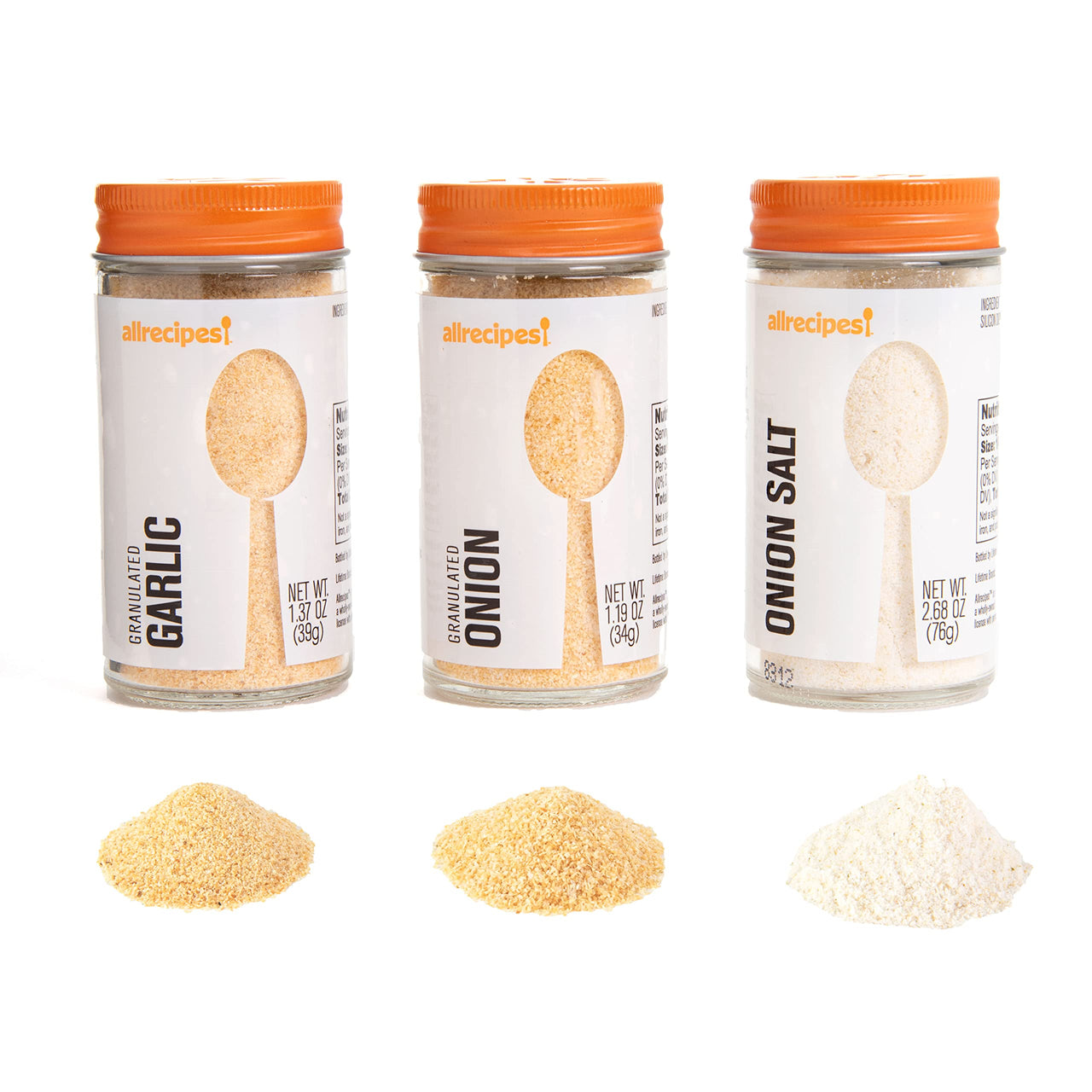 Allrecipes Essential Seasonings (Granulated Garlic, Granulated Onion, Onion Salt) in Glass Jars with Removable Sifter Caps for Sprinkling, Set of 3 Clear 9.63 x 6.13 x 2-Inch
