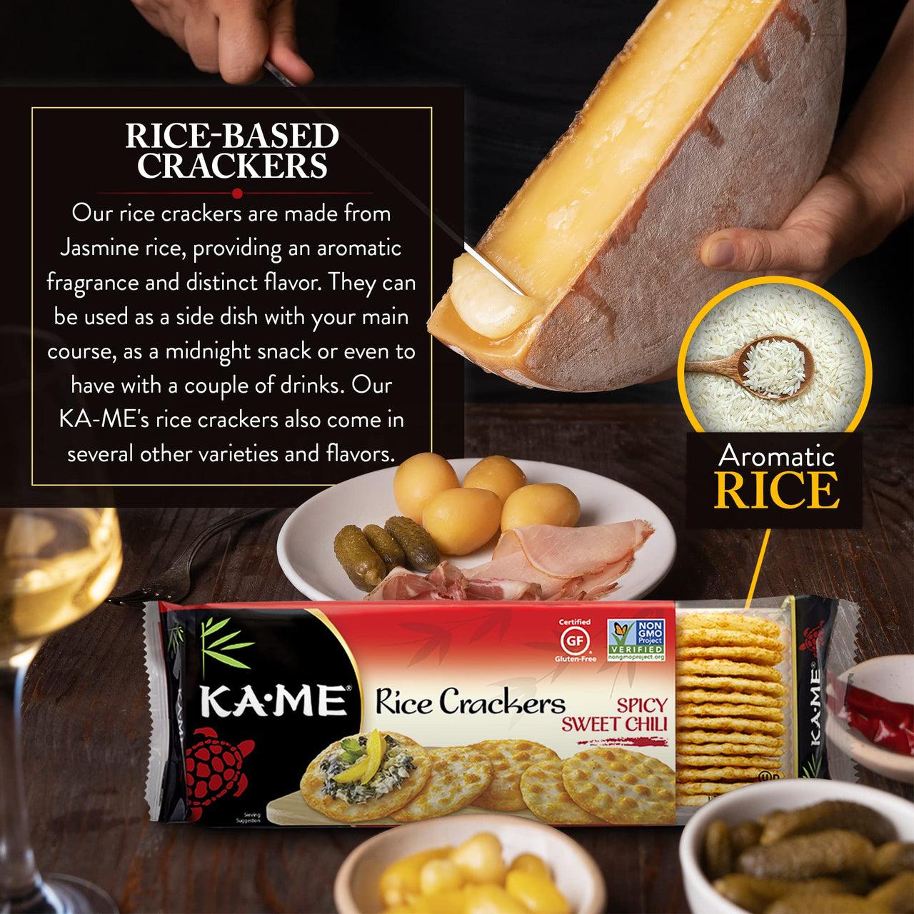 KA-ME Gluten Free Spicy Sweet Chili Rice Crackers 3.5 oz, Pack of 12, Authentic Asian Ingredients and Flavors, Certified Gluten Free Crackers, No Artificial Flavors/Colors, Non GMO Snacks, Served with Asian Salmon, Cream Cheese, Egg & Tuna Salad, Asian