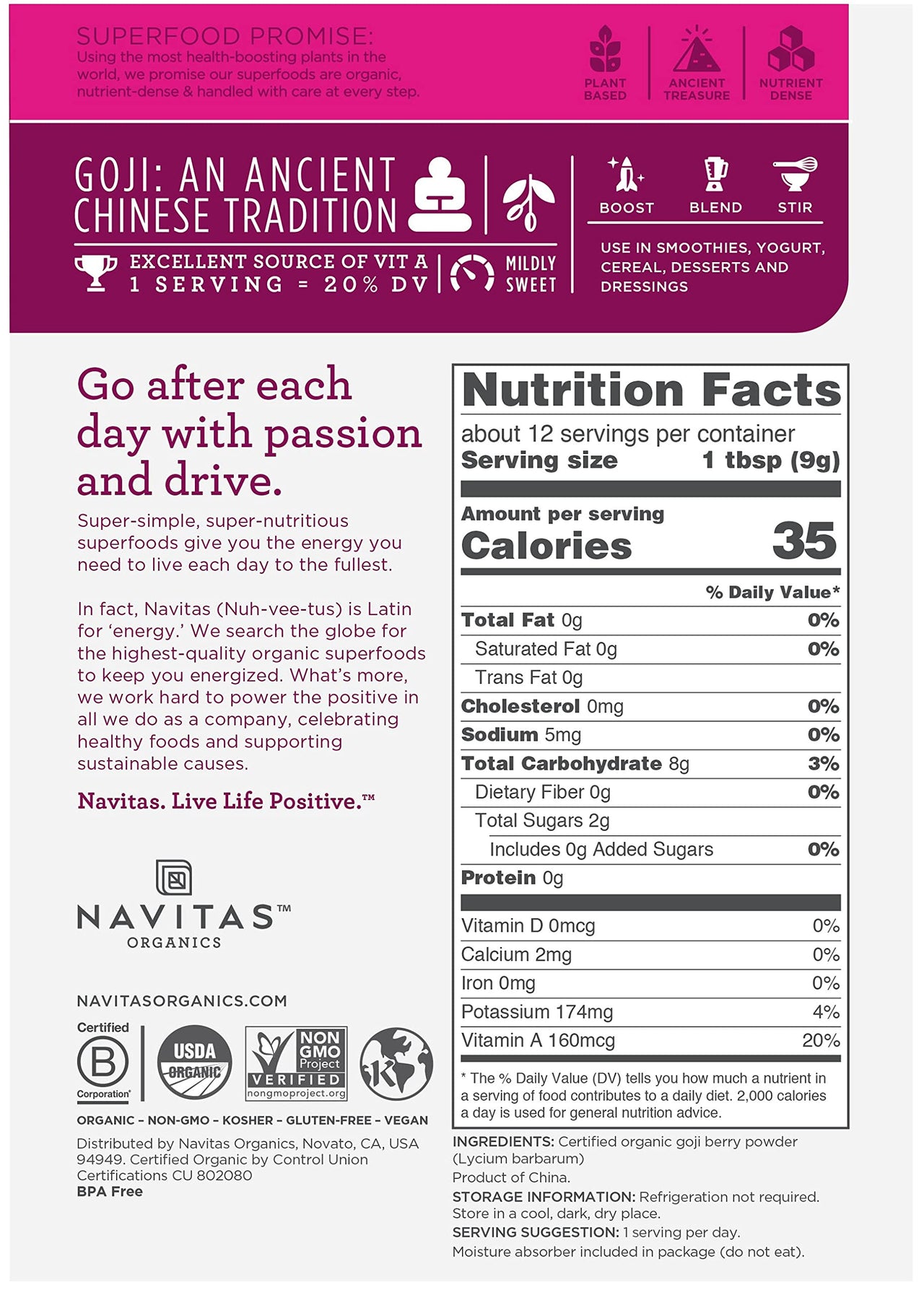 Navitas Organics Bag, 12 Servings  Organic, Non-GMO, Sun-Dried, Sulfite-Free, Goji Powder, 4 Ounce (Pack of 1)