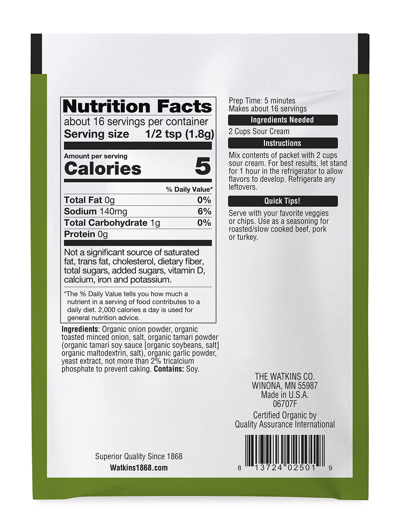 Watkins Organic Gourmet Dip Mix, Onion, 1.0 oz. Packets, 12-Pack