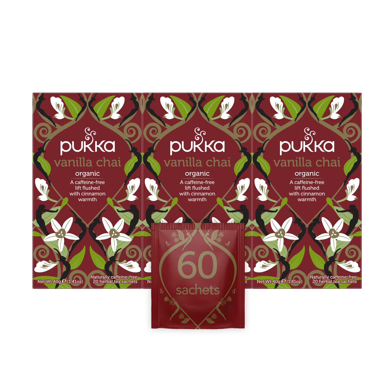 Pukka Organic Tea Bags, Vanilla Chai Herbal Tea with Cinnamon & Cardamom, Perfect Caffeine-free Pick-me Up, 20 Count (Pack of 3) 60 Tea Bags