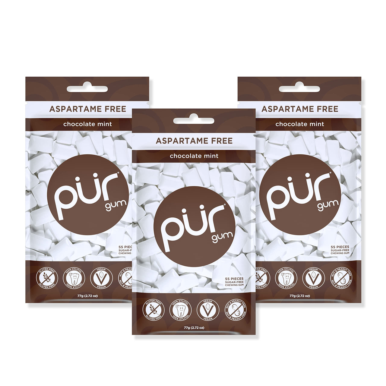 PUR Gum | Sugar Free Chewing Gum | 100% Xylitol | Vegan, Aspartame Free, Gluten Free & Keto Friendly | Natural Chocolate Mint Flavored Gum, 55 Pieces (Pack of 3)
