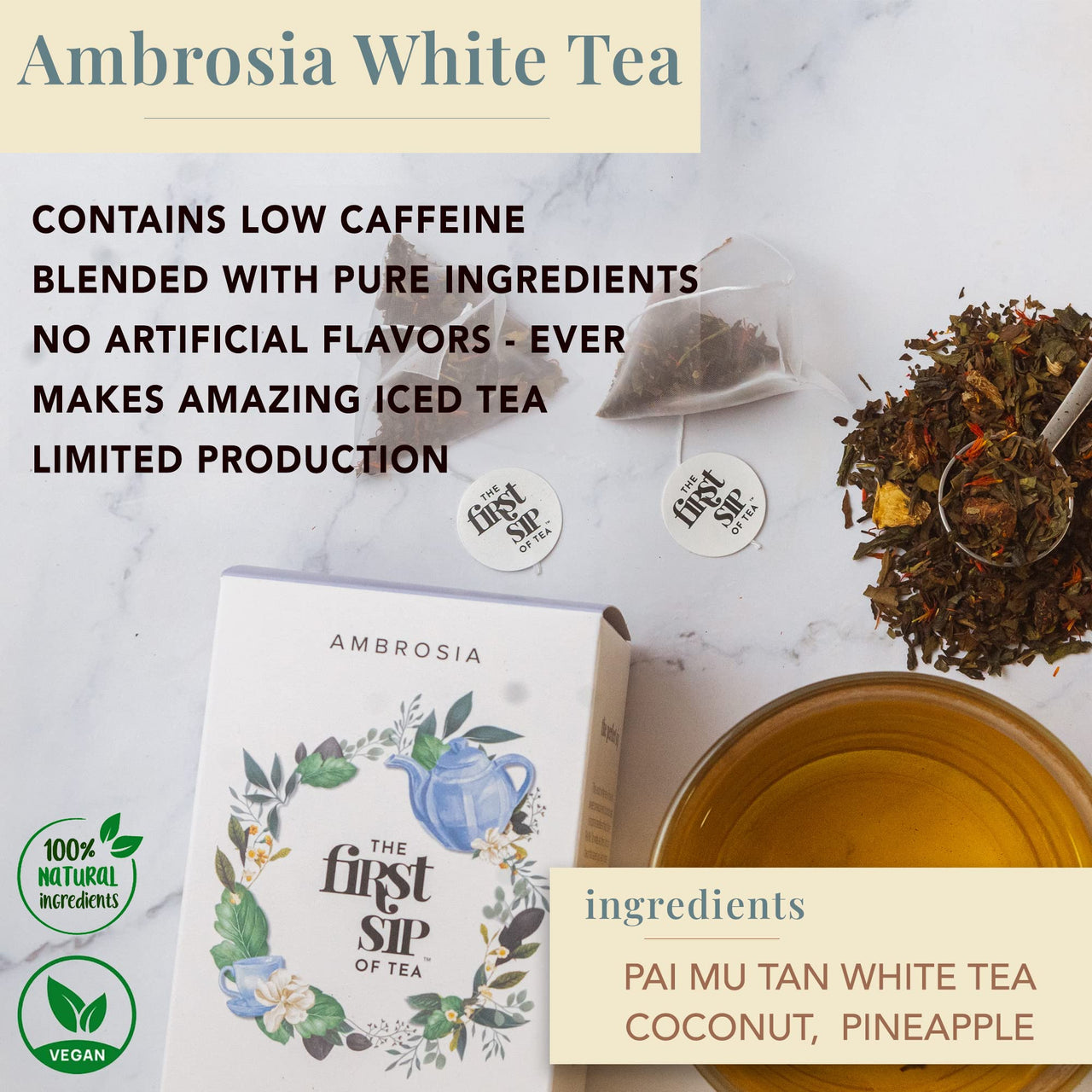 Ambrosia White Tea, Pyramid Sachet Tea Bags, Pai Mu Tan Fruity, Low-Caffeine, Antioxidant-Rich - 16 Cups | The Spice Hut, First Sip Of Tea