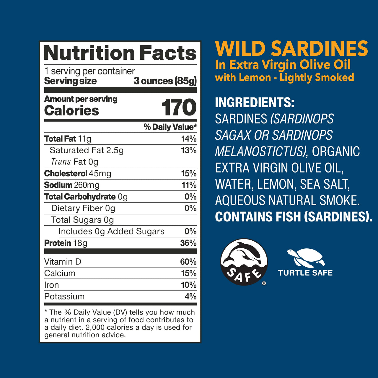 Wild Planet, Wild Sardines In Extra Virgin Olive Oil with Lemon, Lightly Smoked, Tinned Fish, Sustainably Caught, Non-GMO, Kosher, Gluten Free, Keto and Paleo, 4.4 Ounce Single Unit