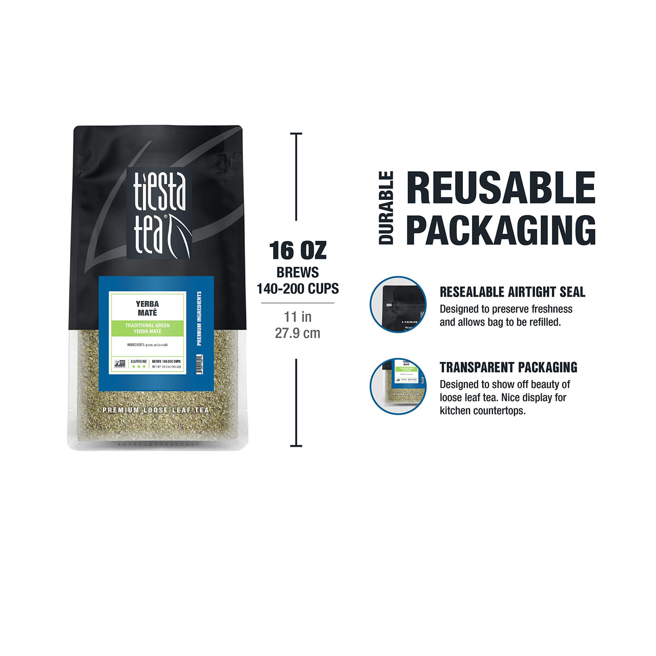Tiesta Tea Yerba Mate 12oz Bulk Bag - Traditional Loose Leaf Green Mat Tea, High Caffeine, Hot & Ice Tea, 200 Cups, Natural Flavors, No Artificials, Premium Loose Leaf Tea