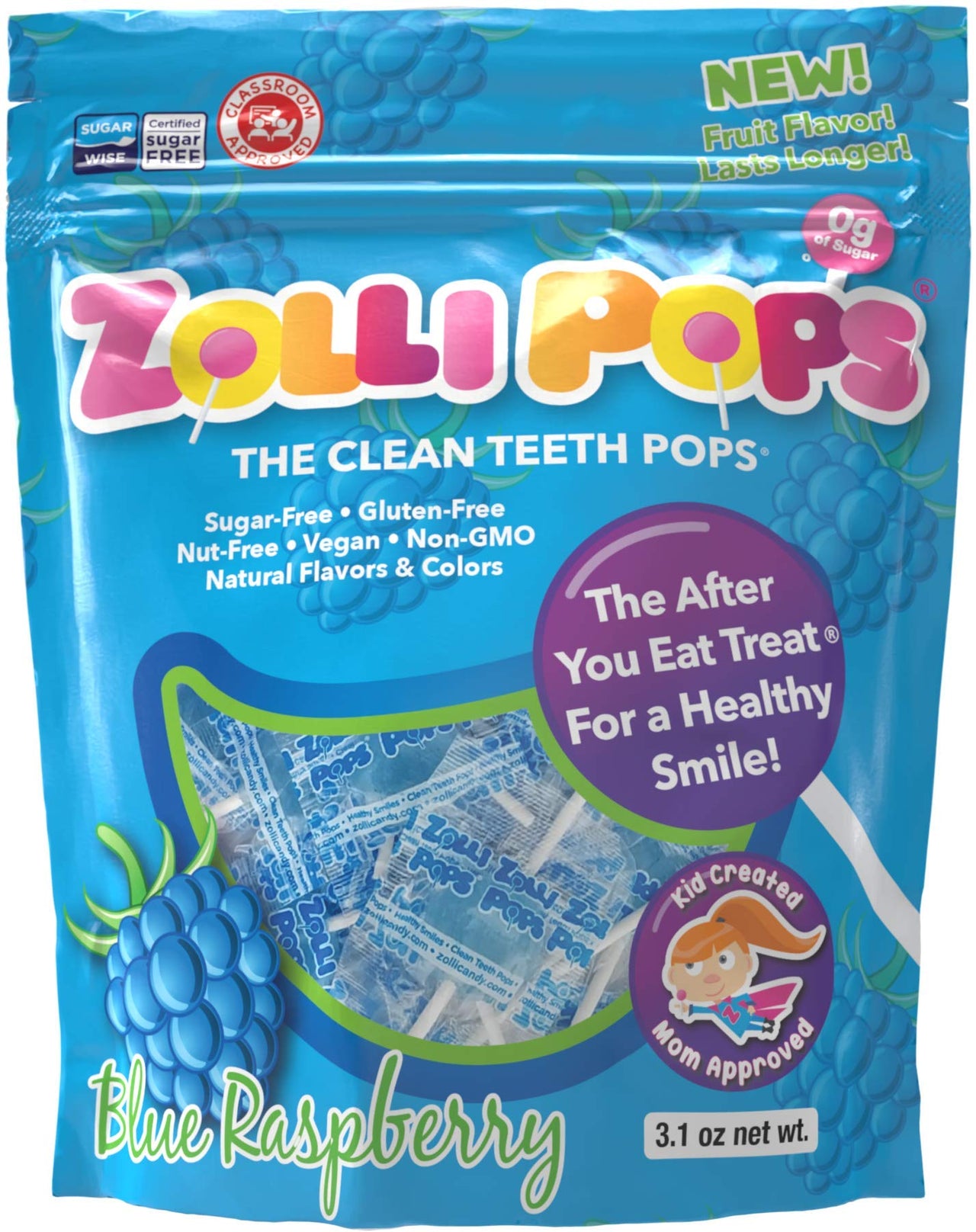 Zollipops Clean Teeth Lollipops, Blue Raspberry, 3.1 Ounce (Pack of 1)