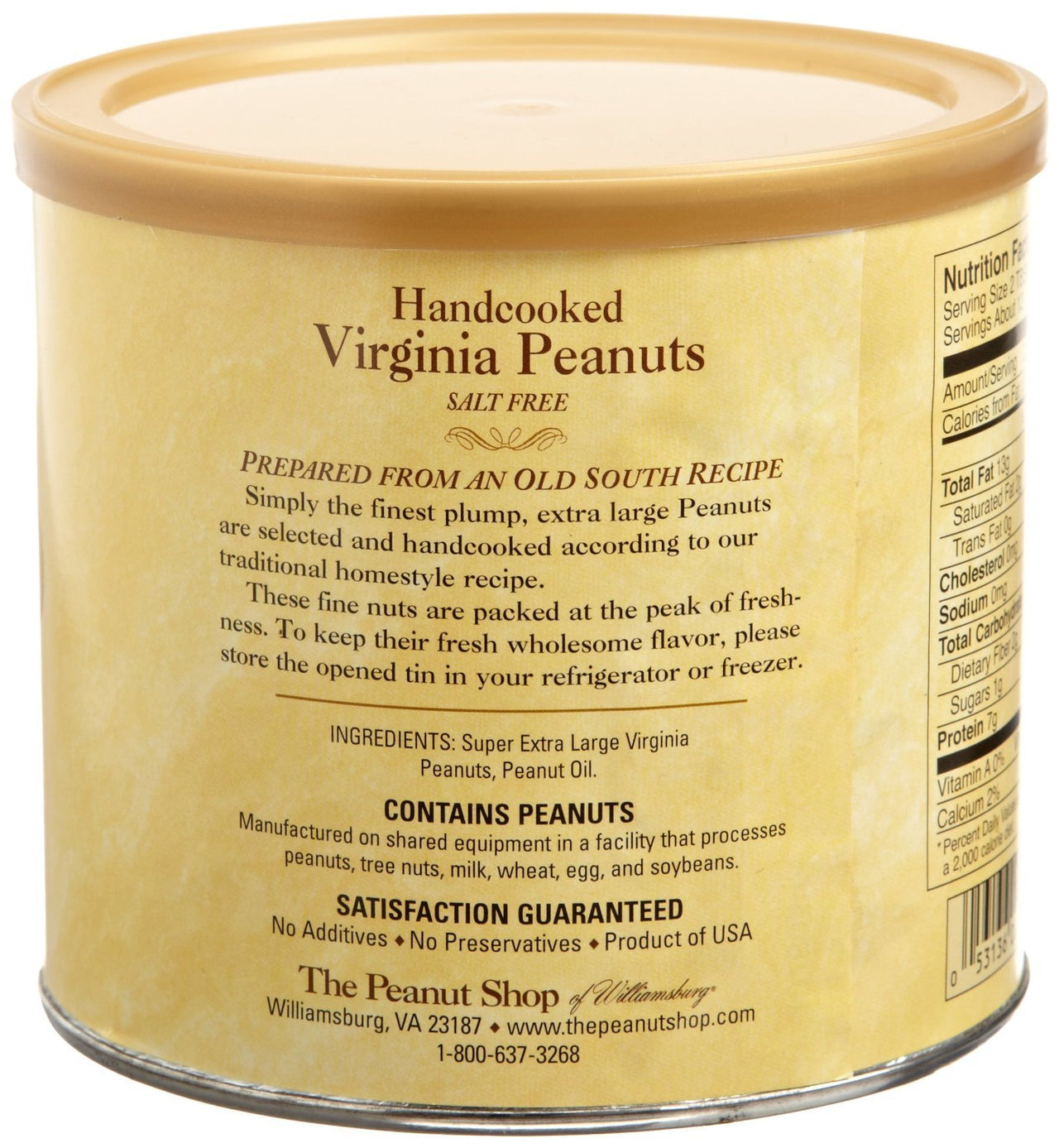 The Peanut Shop of Williamsburg Handcooked Virginia Peanuts, Salt Free, 10.5 Ounce