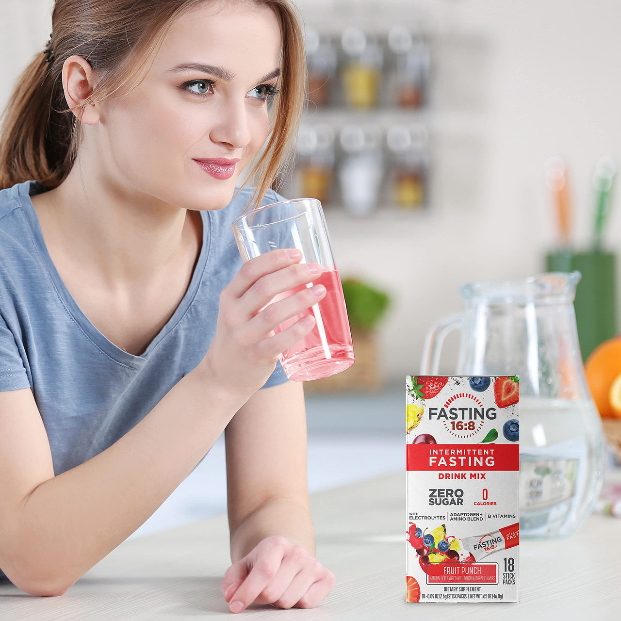 Fasting 16:8 Intermittent Fasting Drink Mix - 0 Sugar - 0 Calories - Fruit Punch Flavor - 18 Stick Packs - Pantry Friendly,Red