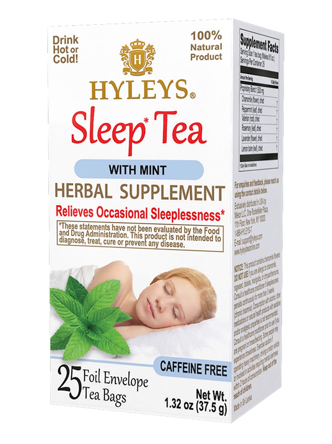 HYLEYS Tea Sleep Mint Herbal Tea - 25 Tea Bags (Caffeine Free, Gmo Free, Gluten Free, Dairy Free, Sugar Free & 100% Natural, Decaf)
