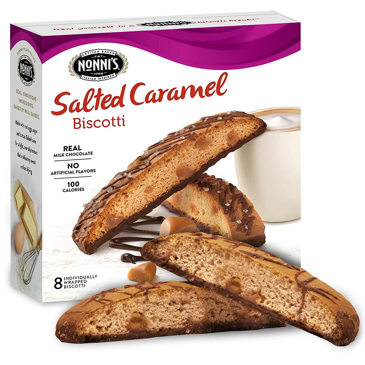 Nonni's  Salted Caramel Biscotti Italian Cookies - Biscotti Individually Wrapped Cookies - Italian Biscotti Cookies w/ Rich Milk Chocolate & Sea Salt - Kosher - 6.72 oz