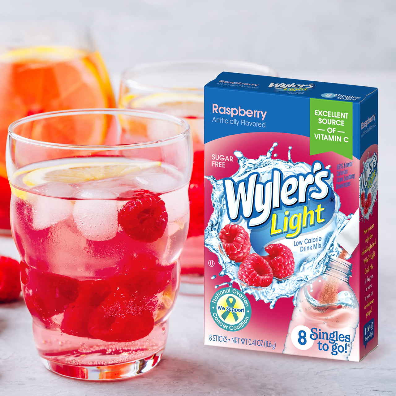 Wyler's  Light Singles To Go Powder Packets, Water Drink Mix, Raspberry, 8 Packets per Box, 96 total Packets (Pack of 12)