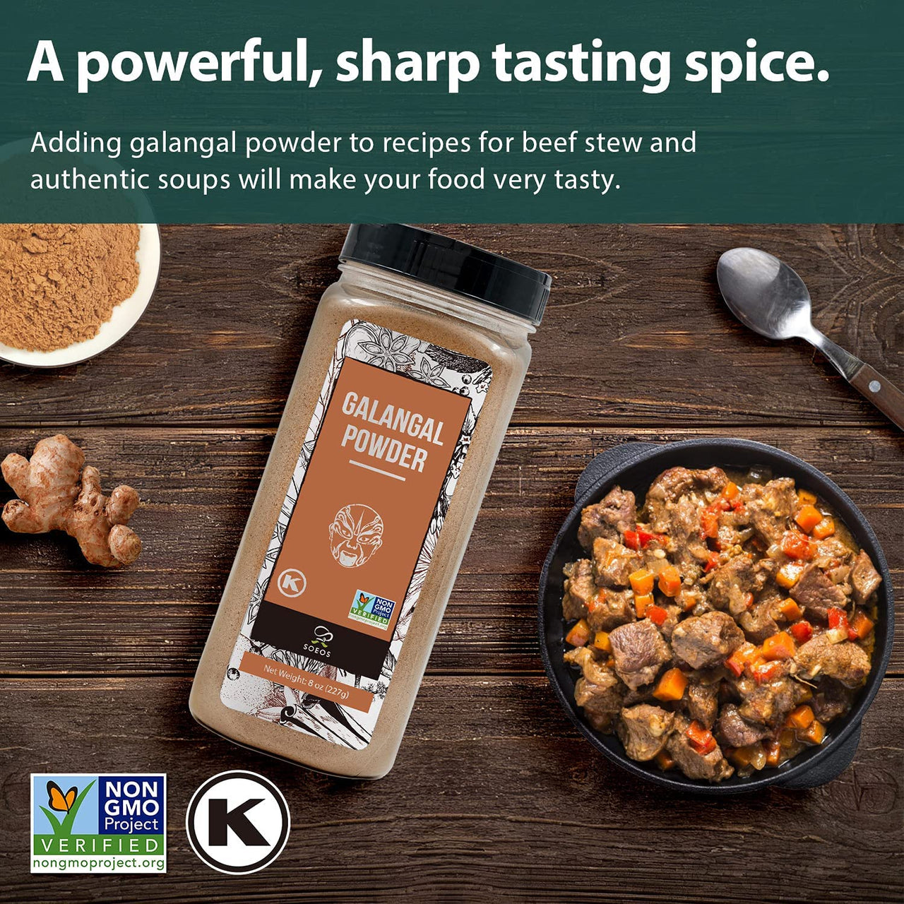 Soeos Galangal Powder 8 oz (227g), Galanga, Galanga Powder, Fresh Galangal Powder, Alpinia Galanga, Non-GMO Verified, Kosher  Pure Galangal Powder Perfect for Tom Kha and Tom Yum Soups