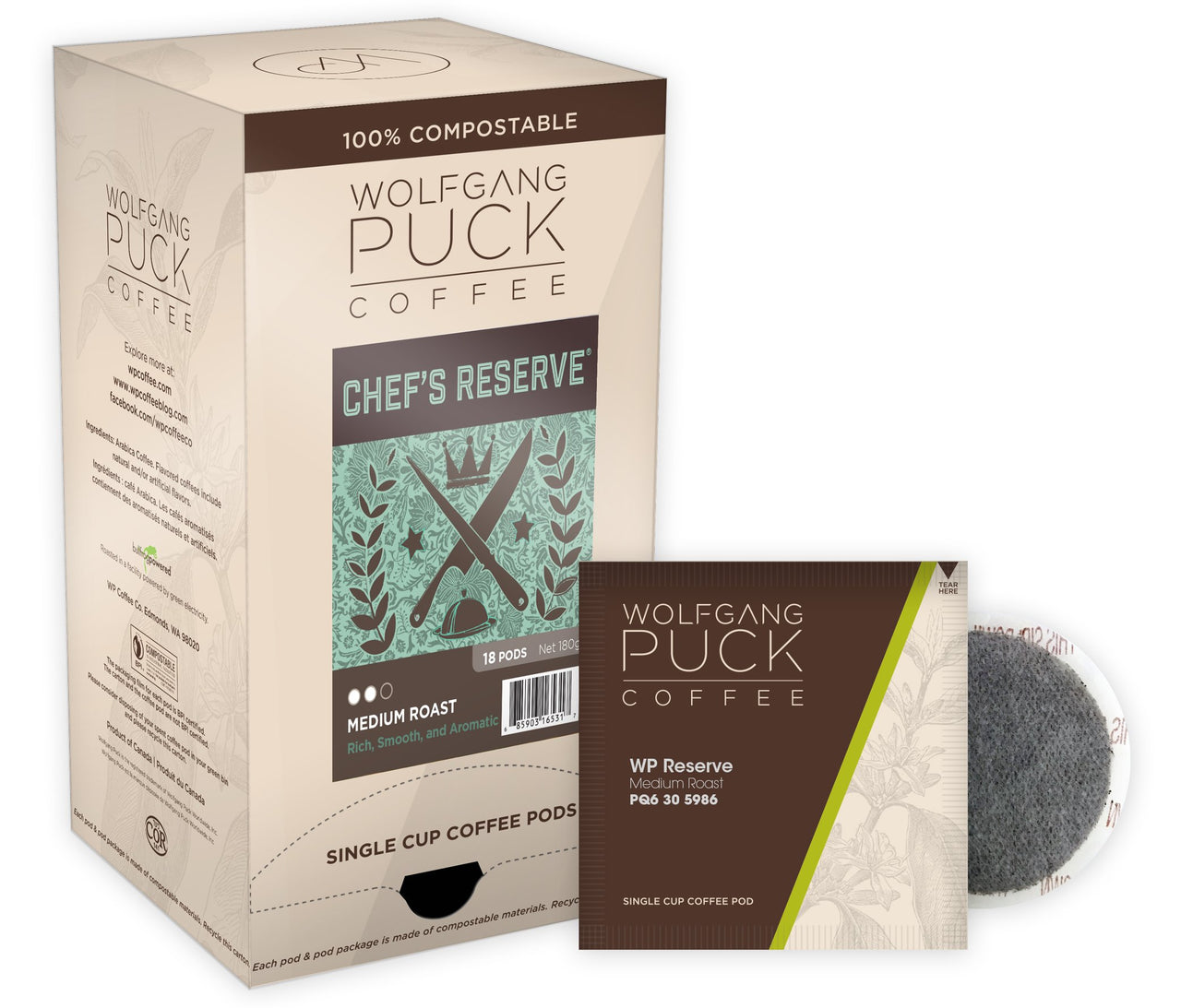 Wolfgang Puck Coffee, Chef's  Reserve, Medium Roast, 9.5 Gram Soft Pods, 18 Count (Pack of 1)