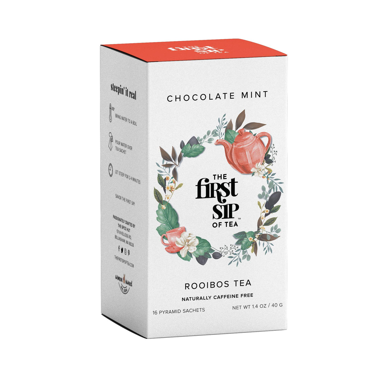 Chocolate Mint Rooibos, Tea Bags, Caffeine Free, Hot & Iced Tea, Antioxidants - 16 Cups | The Spice Hut, First Sip Of Tea