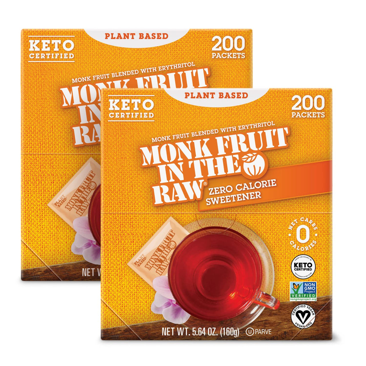 MONK FRUIT IN THE RAW, Natural Monk Fruit Sweetener w/Erythritol, Sugar-Free, Keto, Gluten Free, Zero Calorie, Low Carb, Vegan Sugar Substitute, 200 Count Packets (Pack of 2)