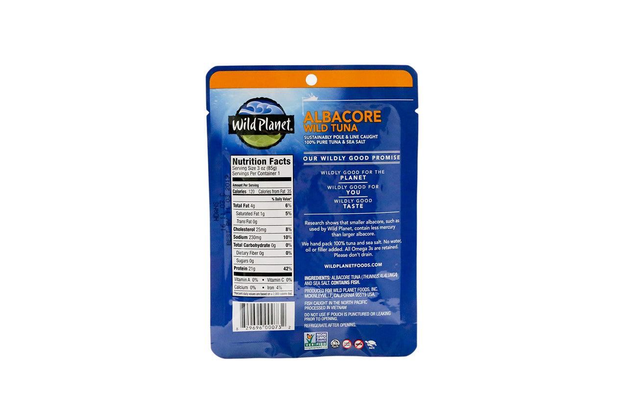Wild Planet Wild Albacore Tuna, Sea Salt, Sustainably Caught, Kosher, Gluten Free, Keto and Paleo, 3rd Party Mercury Tested, 3 Ounce Pouch (Pack of 1)